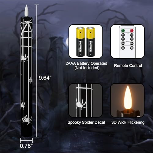 Image of Eldnacele Halloween Spider Flameless Taper Candles Battery Operated with Remote Timer, Set of 4 Black Real Wax 3D Wick LED Flickering Candles Spooky Halloween Indoor Decor(0.78 inch D x 9.64 inch H)