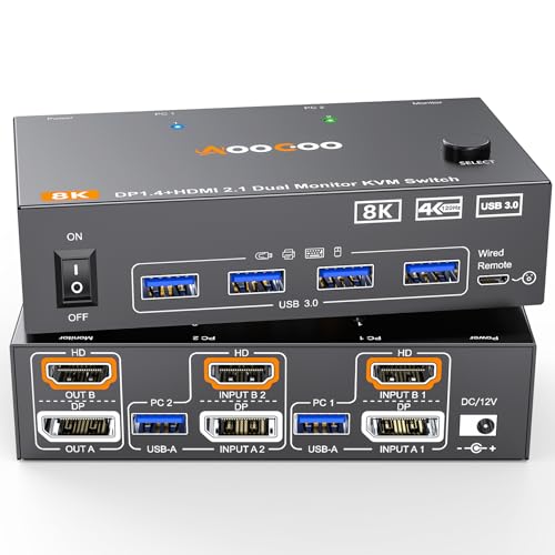 Dual Monitor KVM Switch 2 Port 8K@60Hz 4K@144Hz HDMI+DP USB 3.0 Switch Extended Display 2 Monitors 2 Computers with USB 3.0 Cables Wired Controller