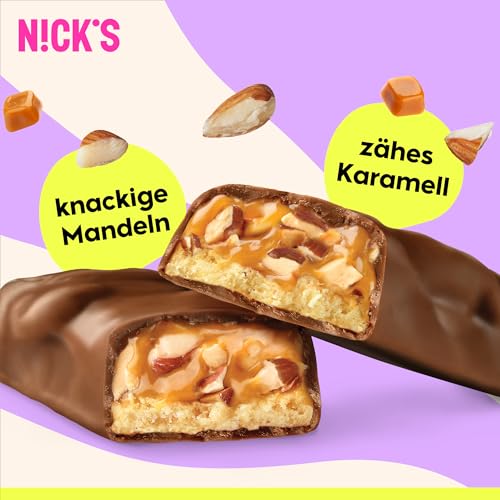N!CK'S Protein Riegel ohne Zuckerzusatz – Mandel Karamell – 13g Eiweiß 26% – 201 Kalorien – Low Carb Keto Proteinriegel mit Ballaststoffen & Kollagen – Glutenfrei, Gesunde Snack ohne Palmöl 12x50g 4