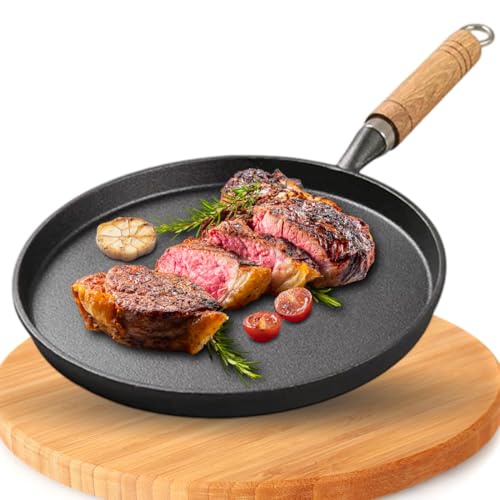 Tutamaz Poêle en fonte à induction - 20 cm - Longue durée de vie - Avec poignée en bois - Idéale pour les grillades à induction - Petite poêle à steak en fonte