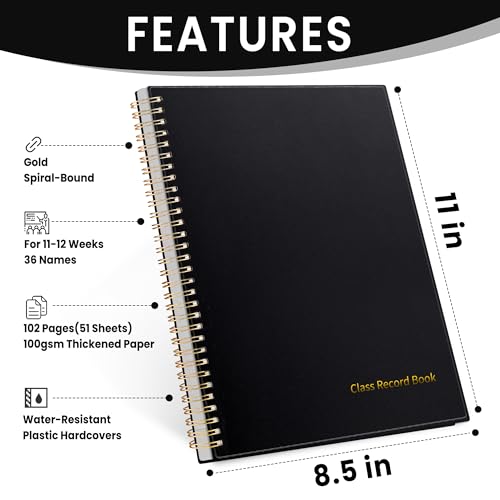 SUNEE Teacher Class Record Book for 11-12 weeks, 36 Names, 8.5x11 Inch, 104 Pages (52 Sheets), 100gsm Thick Paper, Larger Grade Recording up to 36 Students with Water-Resistant Plastic Cover, Black - Image 4
