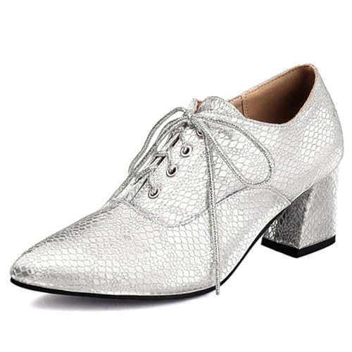 Eestfy Zapatos Oxford de Punta Fina Mujer Estampado de Serpiente Oro Metálico Tacón de Bloque con Cordones,Plata,39 EU