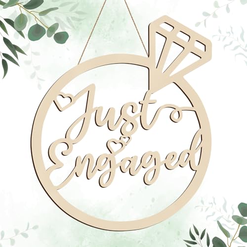 Youyole Just Engaged Wooden Sign 13.78'' x 11.22'' Diamond Ring Wood Cutout Sign Wedding Engagement Party Decorations Photo Booth Props with Hanging Rope Bridal Shower Rustic Hanging Decor
