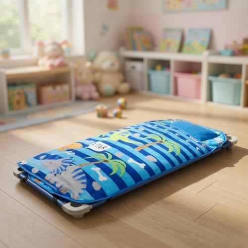Image of EVERYDAY KIDS Cute Preschooler and Toddler Cot Nap Mat for Home, Daycare, Preschool and Kindergarten; Easy to Roll Sleeping Mat with Elastic Straps, Pillow and Blanket