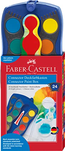 FABER-CASTELL 125020 - Boîte de couleurs CONNECTOR avec 24 couleurs, blanc opaque inclus, compartiment pour pinceaux et champ pour nom, bleu, 1 pièce