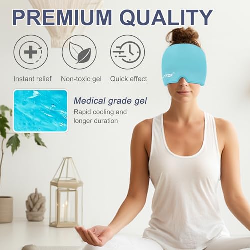 Image of EXQUISLIFE Migraine Headache Relief Cap, Gel Ice Head Wrap, Hot and Cold Therapy, Headache Eyes Mask for Sinus, Puffy Eyes, Tension and Stress Relief (Blue)