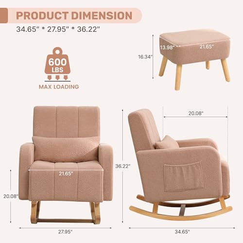 Image of HCHAIRH Rocking Nursery Chair with Ottoman, Upholstered Glider Rocker with High Backrest and Side Pocket, Comfy Reading Chair with Solid Wood Legs for Nursery, Living Room,Bedroom Coffee