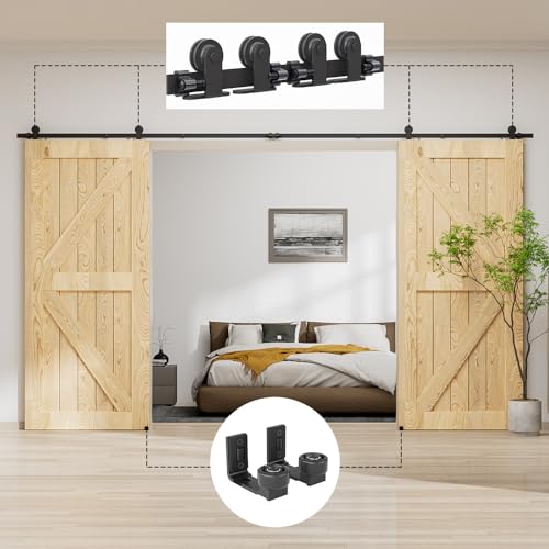 LTIYITL 203CM (6.6FT) Herraje Para Puerta Corredera Kit de Granero Accesorio de Armario Con Rodillo de Riel Para Puerta Doble,Contiene Guía de Suelo Ajustable