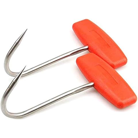 TIHOOD 2PCS Meat Hooks for Butchering,T Shaped Boning Hooks with Handle 6 inch Stainless Steel Butcher Shop Tool Kit (Orange x2) Cover