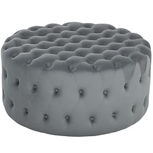 HOMCOM 31.5″ Round Ottoman, Large Velvet-Feel Upholstered Foot Stool with Button Tufted Design and Padded Seat for Living Room, Entryway, Dark Gray