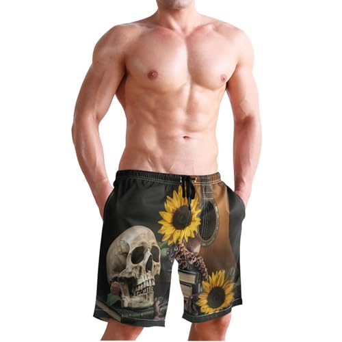 Quick Dry Sunflower and Guitar Skull Men's Swimming Shorts Swim Trunks with Mesh Lining Beach Wear - S3