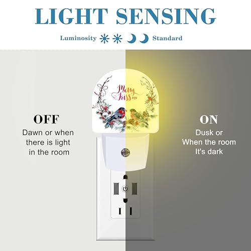 Image of Plug in Night Lights Watercolor Christmas Wreath with Bullfinches Nightlight Plug Into Wall Dusk to Dawn Sensor LED Night Light for Kid Girls Boys Room Decor,Hallway,Kitchen,Bathroom,Nursery