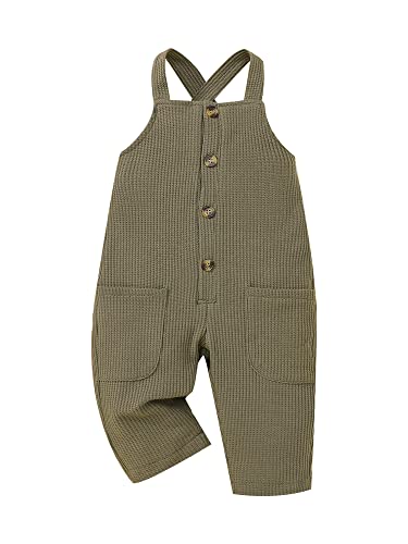 Focusnorm Infant Toddler Baby Girl Boy Overalls Striped Solid Waffle Bottom Pants Button Up Bodysuit Romper With Pockets (Army Green, 6-12 Months) #TOP2