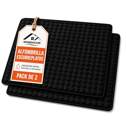HOMEGLOW Alfombrillas Escurreplatos de Microfibra Negra 51x38 cms · Pack de 2 · Antideslizante y Absorbente · Para la Encimera de Cocina · Secado de Platos, Vasos, Cubiertos y Utensilios Delicados (2)
