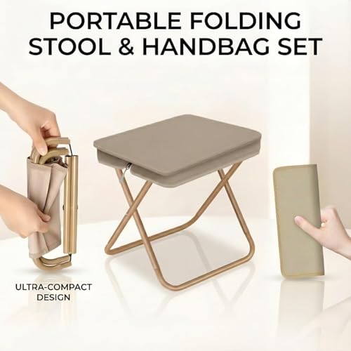 Image of Folding Stool Portable Mini Camping Stool with Carry Bag - Lightweight Foldable Outdoor Seat with Metal Frame and Fabric Top for Travel Fishing Hiking Garden Picnic (Beige)
