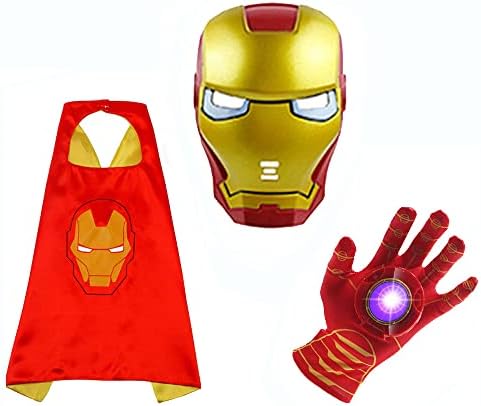 Superhero Toys and Costume Gloves Luminous Voice Toy Glove Roleplay Toy LED Light Eye Mask and Satin Cape for Kids Halloween Toy Party Gift