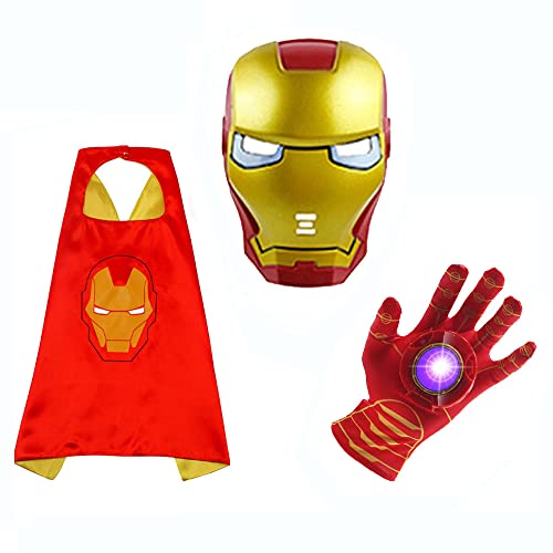 NC Superhero Toys and Costume Gloves Luminous Voice Toy Glove Roleplay Toy LED Light Eye Mask and Satin Cape for Kids Halloween Toy Party Gift