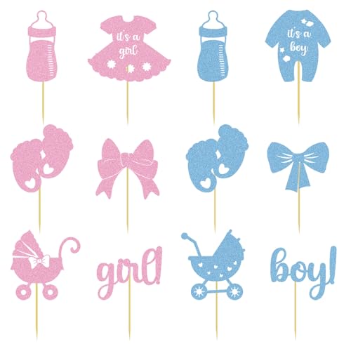24 décorations pour cupcakes de révélation du sexe de bébé : décorations en papier pailleté, boutei… – Vignette