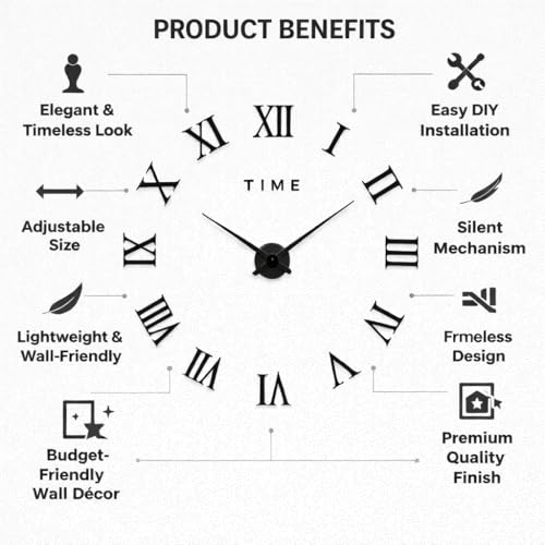 Image of PulGos 40cm DIY Wall Clock - 3D Modern Roman Numeral Sticker Clock - Large Frameless Self-Adhesive Wall Decor for Living Room, Bedroom & Office - Stylish Giant Acrylic Surface Timepiece for Home