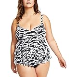 Swim Solutions Womens Plus Printed Tiered One-Piece Swimsuit B/W 22W Black/White