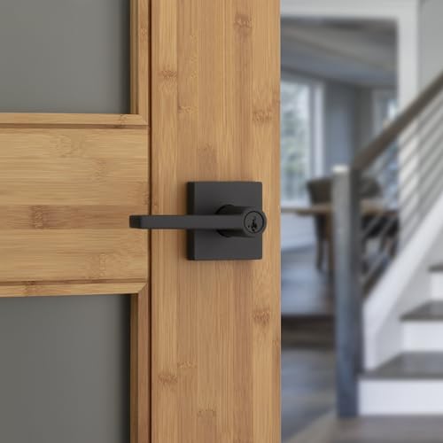 Image of Kwikset Halifax Entry Door Handle with Lock and Key, Secure Keyed Reversible Lever Exterior, for Front Entrance and Bedrooms, Matte Black, 4 Pack, Pick Resistant SmartKey Rekey Security and Microban