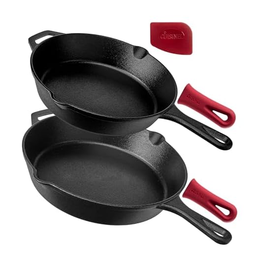 Pre-Seasoned Cast Iron Skillet 2-Piece Set (10-Inch and 12-Inch) Oven Safe Cookware - 2 Heat-Resistant Holders - Indoor and Outdoor Use - Grill, Stovetop, Induction Safe