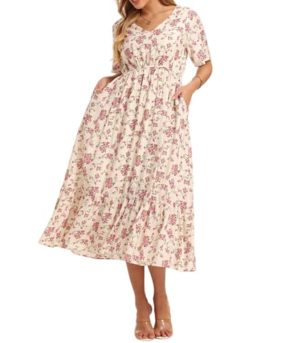 Image of Women's Summer Short Sleeve Maxi Floral Flowy Dresses with Pockets