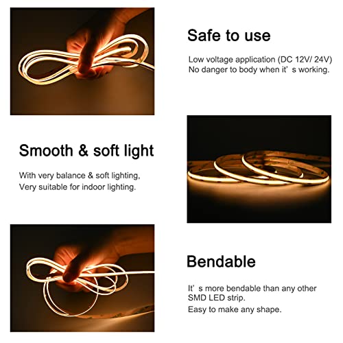 Image of COB LED Strip Lights UL Listed DC 24V LED Lights Flexible Super Bright LED Strips,16.4ft 3000K Warm White,CRI 90+,2400LEDs High Density Uniform Light fo Home Room Decor