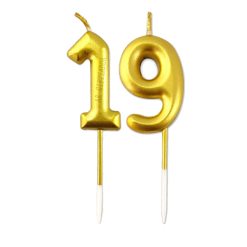 Image of AR Giftzadda 19 Number Cake Topper Golden Chrome Candle for 19th Birthday /Anniversary Party Celebrations Pack of 1(19 Number Gold Chrome Candle)