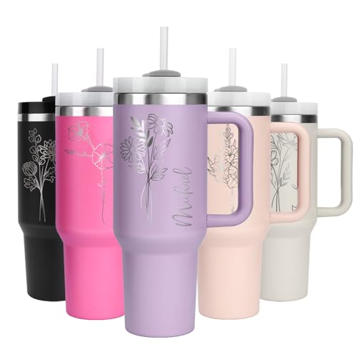 WALLFID 40oz Thermobecher personalisiert – Edelstahl Becher mit Initiale oder Geburtsblume, mit Namen & Wunschtext, Henkel, Deckel & Strohhalm, kompatibel mit Stanley Cup (Monatliche Blumendesign)