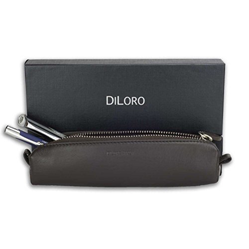 Image of DiLoro Italy Zippered Fountain Ballpoint Rollerball Pens and Pencils Case Holder Pouch Genuine Full Grain Soft Nappa Leather (Nappa Brown)