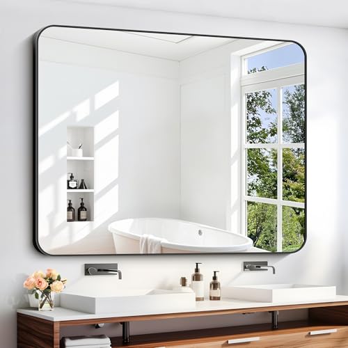 Image of DESBING 40 inch x 48 inchBathroom Mirror, Matte Black Wall Mirror with Metal Frame, Decorative Rectangular Vanity Mirror for Bedroom Bathroom Living Room Entryway (Horizontal /Vertical)