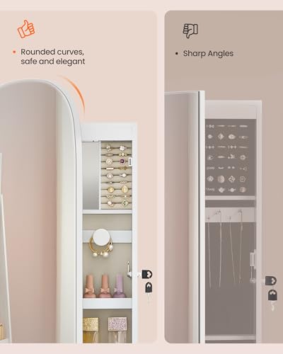 Image of SONGMICS HOME Jewelry Armoire, Mirror Jewelry Cabinet, Full Length Mirror with Storage, Wall or Over The Door Jewelry Organizer Cabinet, Built-in LED, Lockable Armoire, White