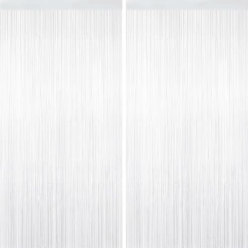 2 Pack Tinsel Backdrop Metallic Foil Fringe Backdrop Curtains Photo Booth Props Streamer Backdrop for Birthday Wedding Engagement Baby Shower Christmas Party Decorations New Years Eve Decor White
