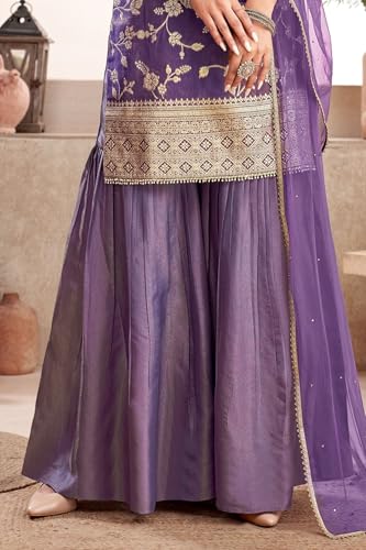 Image of Xomantic Fashion Womens Purple Color Banarasi Silk Kurta Sharara Set