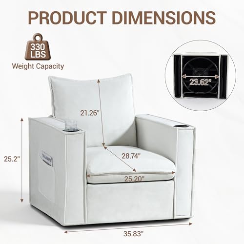 Image of 32 inch Wide Swivel Accent Chair Set of 2 with Cup Holders, White | Comfy Armchair, Side Pockets, Modern Chenille Sofa Couch, Living Room, Bedroom, Corner