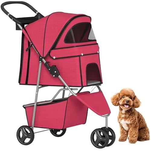 BestPet | 3-Wheel Pet Stroller | Red | Foldable Dog and Cat Stroller