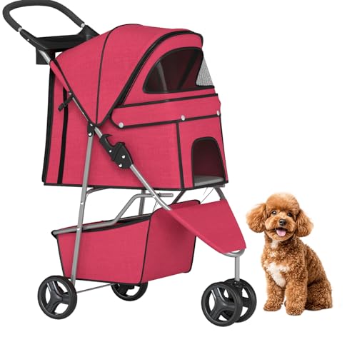 BestPet | 3-Wheel Pet Stroller | Red | Foldable Dog and Cat Stroller