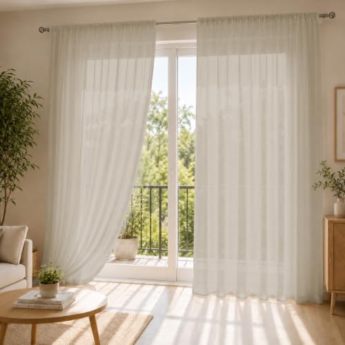 Image of LINENWALAS Aesthetic Sheer Curtains 5 Feet Long Set of 2, Poly Linen Shrink & Fade Proof Drapes for Window, Semi Transparent Modern Panels with Rod Pocket Hanging for Living Room (Mocha /5 Feet)