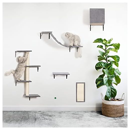 OIHYA Cat Wall Shelves Set,Indoor Wood Wall-Mounted Cat Stairs Cat Houses Cat Scratcher Cat Tree with Sisal Rope for Cats,Kittens to Playing, Sleeping,Lounging (Grey)