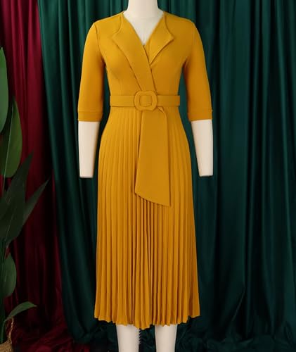 Image of SOMTHRON Women's Elegant 3 /4 Sleeve Blazer Dress V Neck Lapel Pleated Business Work Swing Midi Dress with Belt