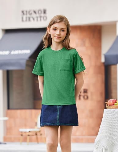 Arshiner Short Sleeve Shirts Girls Crew Neck Oversized Casual Loose with Pocket Tops Kids Cute Blouses for Girls Green 13-14 Years - 4