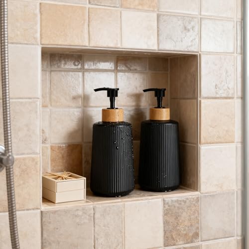 Image of Glass Soap Dispenser, Thickened Glass Hand Soap Dispenser for Bathroom, Kitchen Dish Washing Liquid Bottles, Shampoo and Conditioner Bottles, Modern Farmhouse Style, (Black, Set of 1, 12oz)
