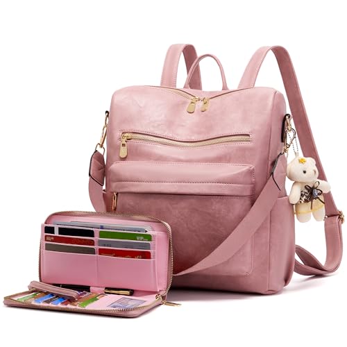 Image of Soperwillton Women Backpack Purse Shoulder Handbags Travel Bag Set 2pcs | Soft PU Leather,Large Capacity,Many Pockets,with a Functional Wallet,with a Detachable Shoulder Strap,Multipurpose Design