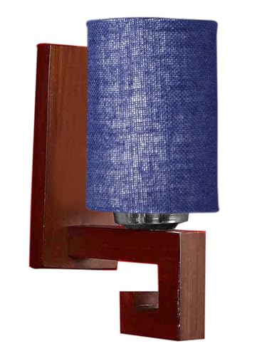 Image of Wall Lamp with Wooden Base (H- 10.9 Inch, Blue) Wall Sconce for Bedroom /Living Room, Study Room, Hall, Home Office Decor | Decorative Indoor Lighting, Warm Ambient Night Light | Barrel Shape