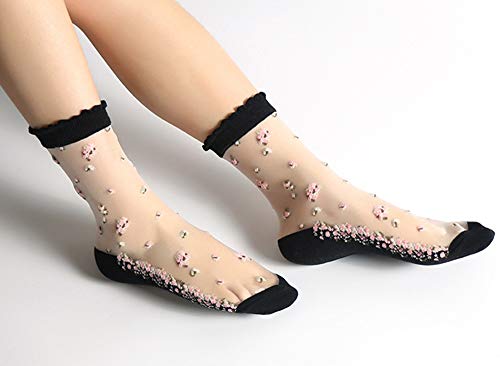 Transparent Ultra Thin Lace Fishnet Socks Elastic Short Mesh Sheer Socks For Women, Flower4 #TOP1