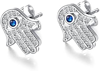 Evil Eye Protection Hamsa Hand of Fatima Stud Earring for Women Girls 18K Gold Post Stainless Steel Cubic Zirconia Hypoallergenic Dainty CZ Best Friend Jewelry
