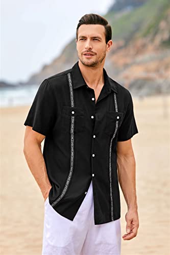 Mens Cuban Guayabera Shirts Cotton Linen Short Sleeve Shirt Casual Hippie Beach Button Down Pocket Shirt Black #TOP3