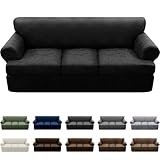 Pfrstuv 4-Pieces T Cushion Sofa Slipcovers - Leather Look Couch Cover for 3 Cushion Couch - Furniture Protector Stretch Sofa Cover With 3 Individual Seat Covers - Washable, Black