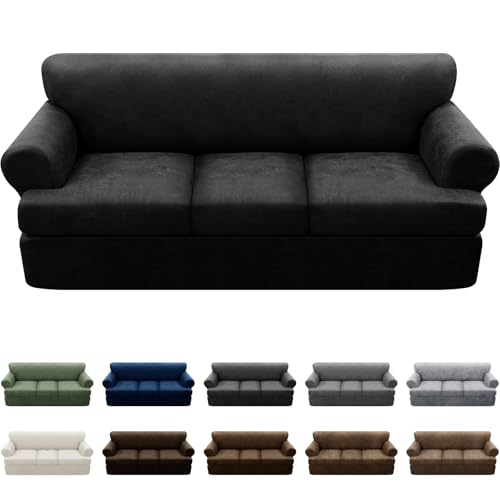 4-Pieces T Cushion Sofa Slipcovers - Leather Look Couch Cover for 3 Cushion Couch - Furniture Protector Stretch Sofa Cover With 3 Individual Seat Covers - Washable, Black